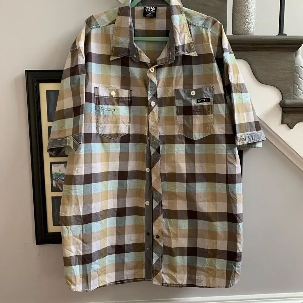 Enyce Brown& Blue Plaid Short Sleeve Button Down Shirt sz 4X EUC